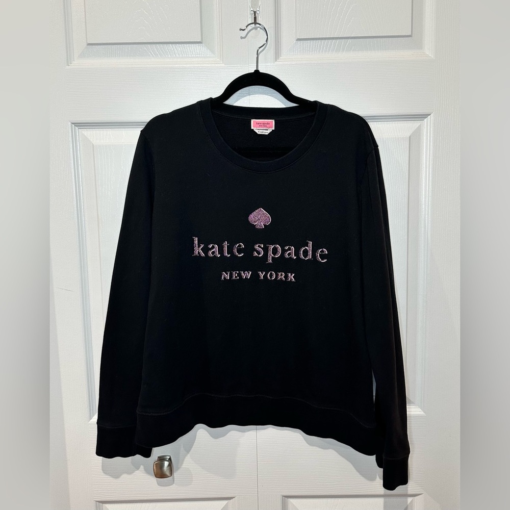 Kate Spade New York Embroidered Logo Sweatshirt, Black w/pink sparkle logo, XL